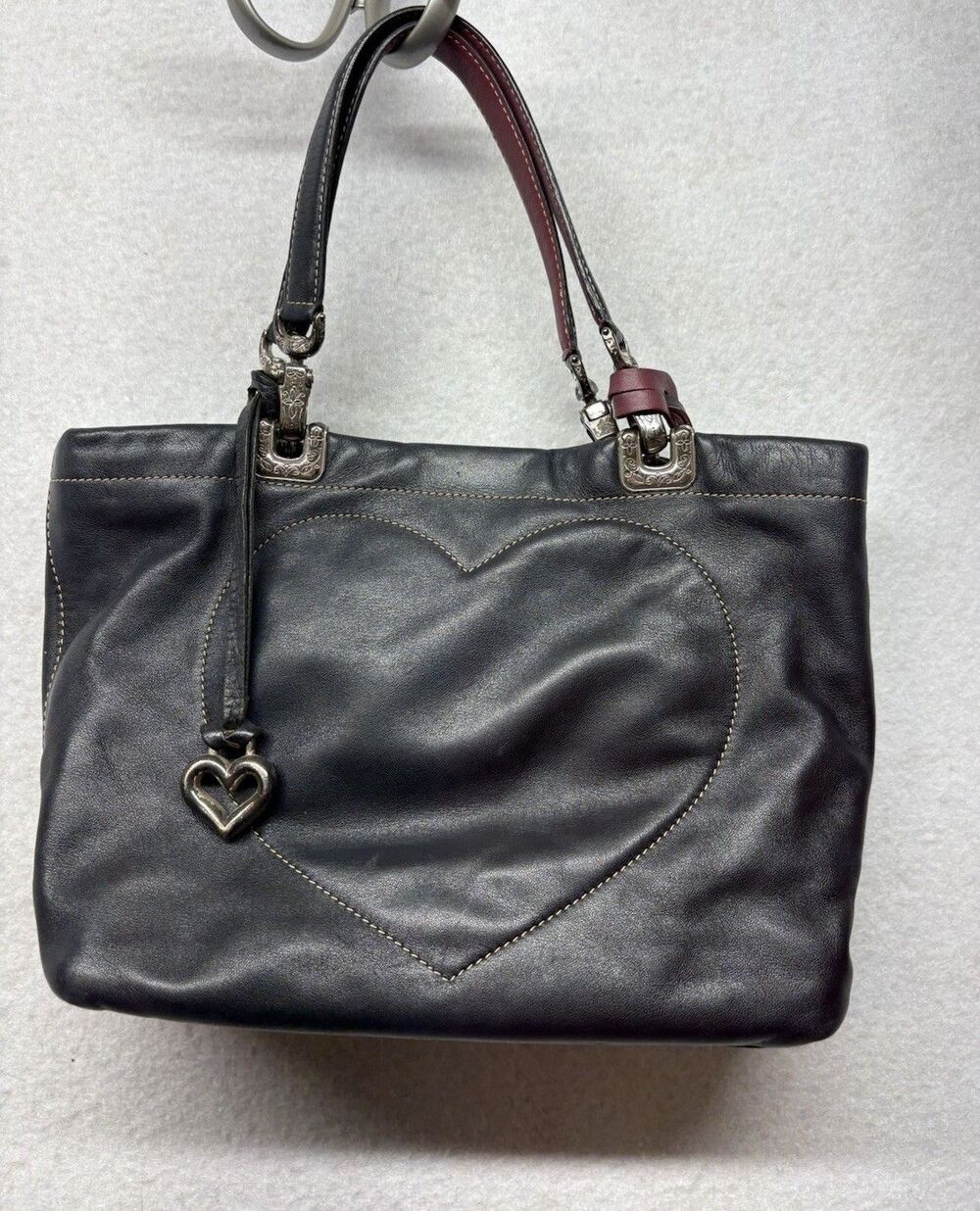 Vintage Brighton Tote Bag Womens Small Black Leather Heart Stitching Charm Love